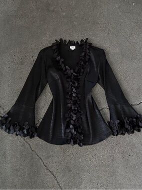 Black Floral Trim Bell-Sleeve Jacket